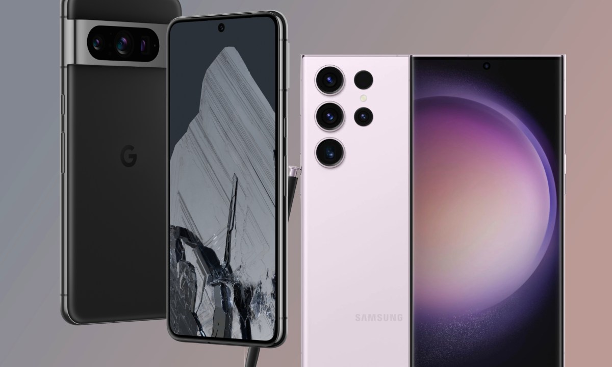 Renders of the Google Pixel 8 Pro and Samsung Galaxy S23 Ultra next to each other.