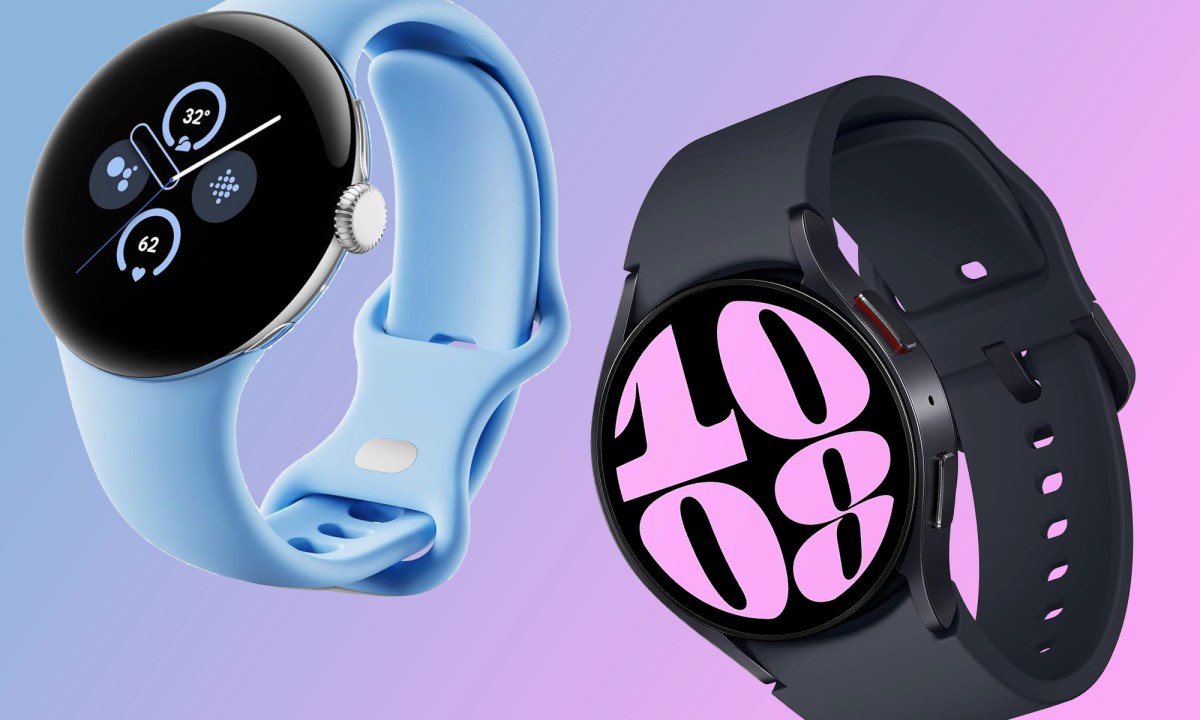 Renders of the Google Pixel Watch 2 and Samsung Galaxy Watch 6 next to each other.