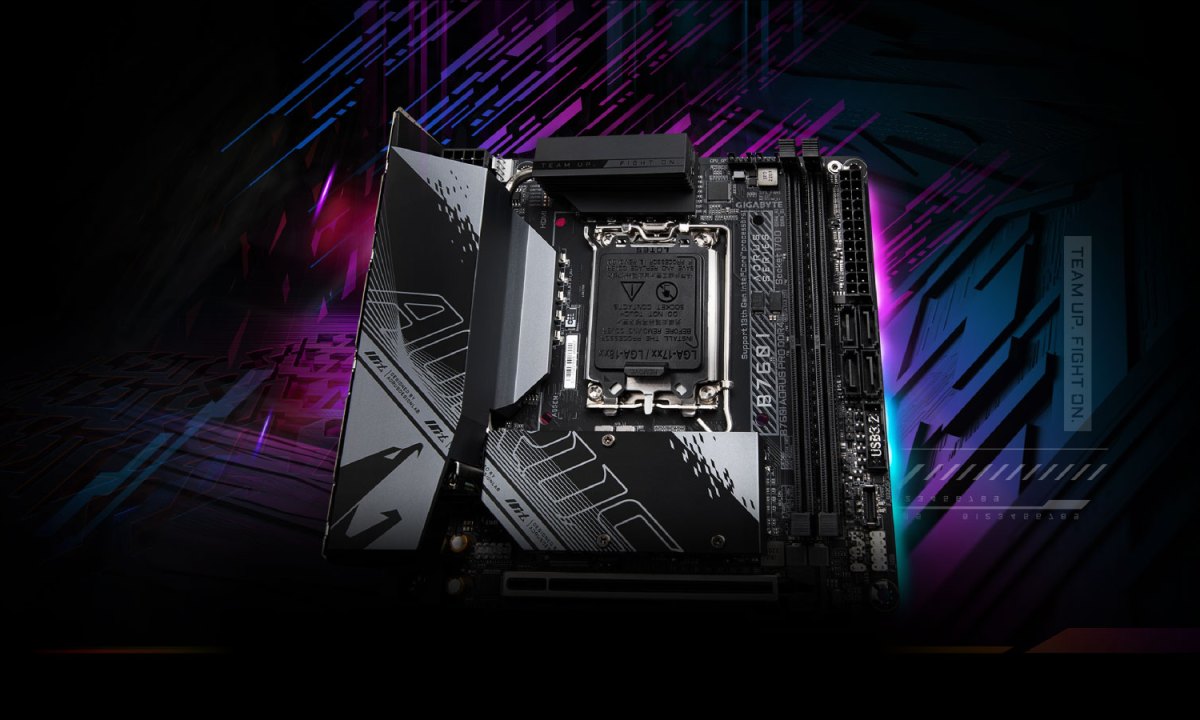 A Gigabyte mini-ITX motherboard with graphics at the back.