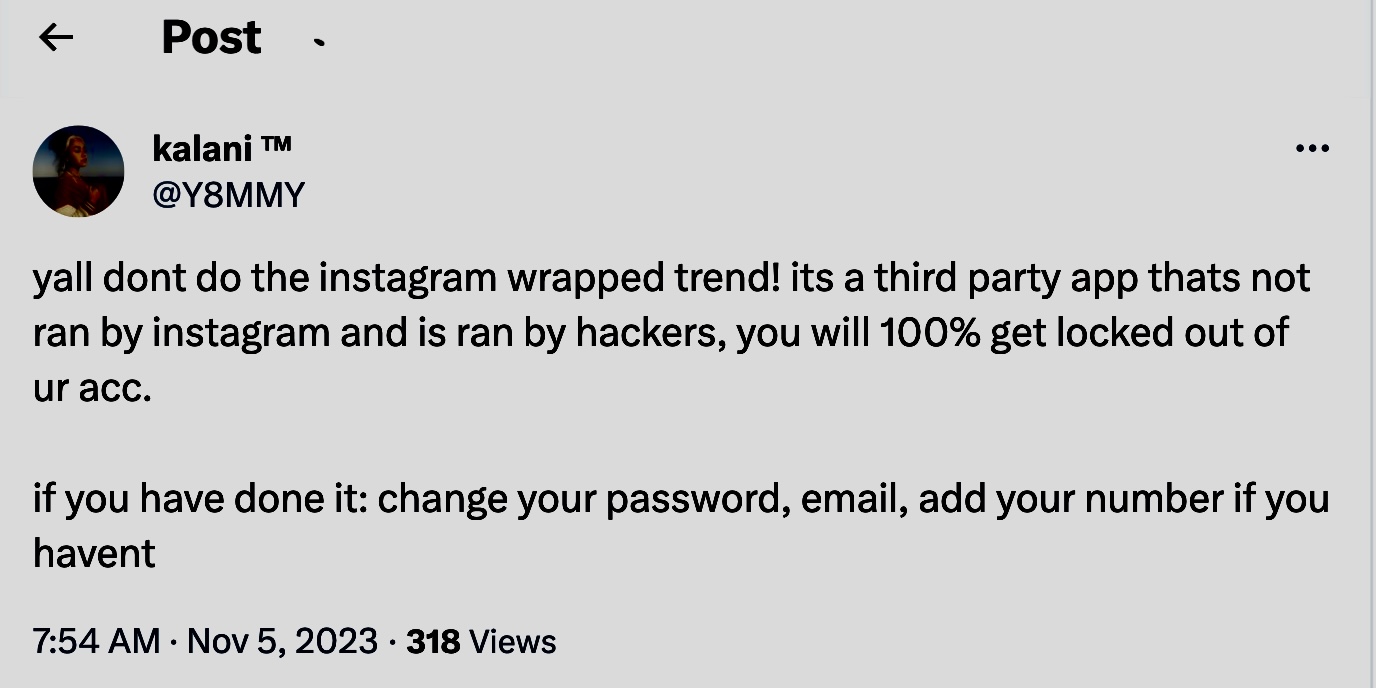 Complaints regarding Wrapped for Instagram app 2.