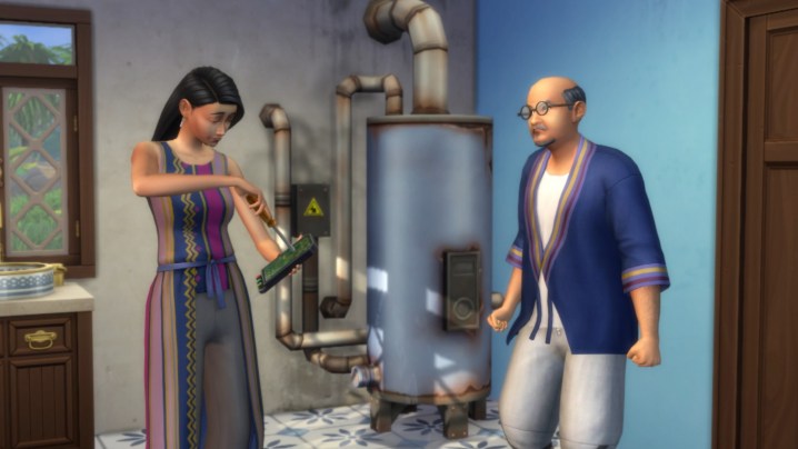 A woman Sim fixing a boiler next to a male Sim in the Sims 4 For Rent expansion.