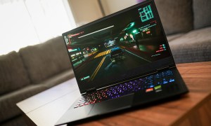 The HP Omen 16 gaming laptop on a desk.