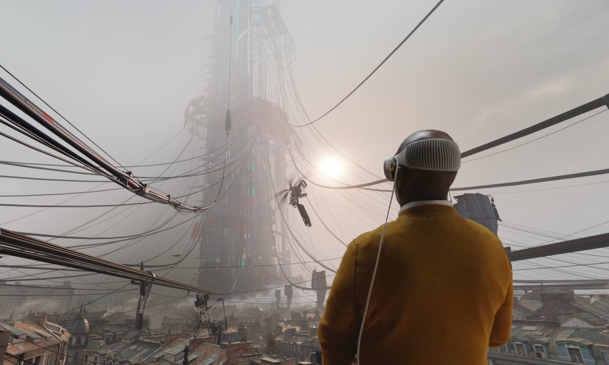 A person wearing the Apple Vision Pro overlaid on a screenshot of Half-Life: Alyx.