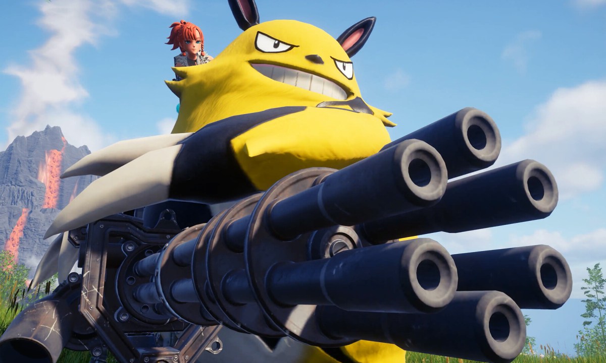 A giant pal uses a minigun in Palworld.