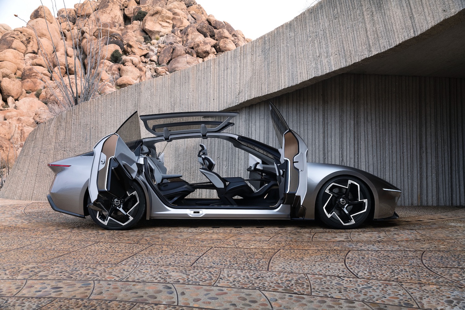 Profile view of the Chrysler Halcyon concept with its doors open.