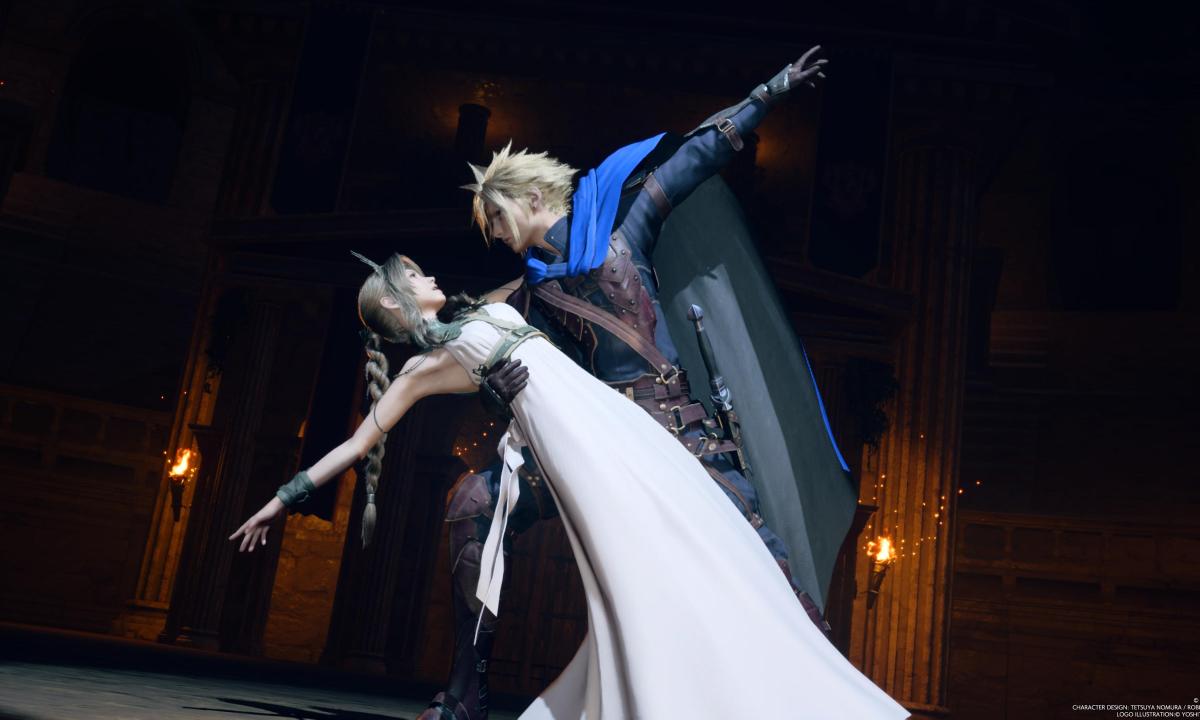 Cloud and Aerith dancing in a play in Final Fantasy 7: Rebirth.