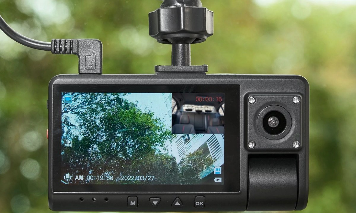 The Onn. Dual Dash Cam, installed in a vehicle.