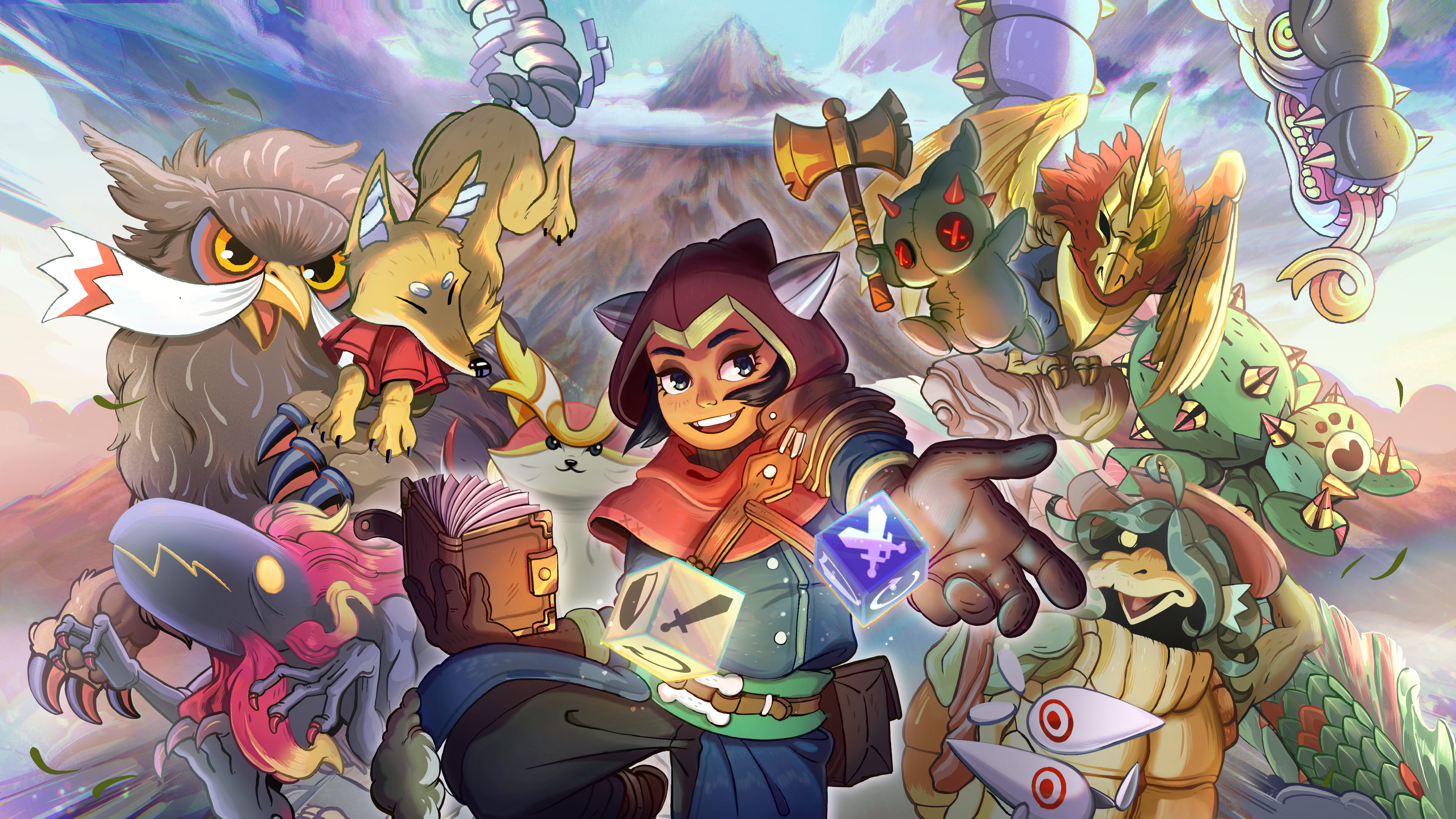 A summoner poses with chimera in Dicefolk.