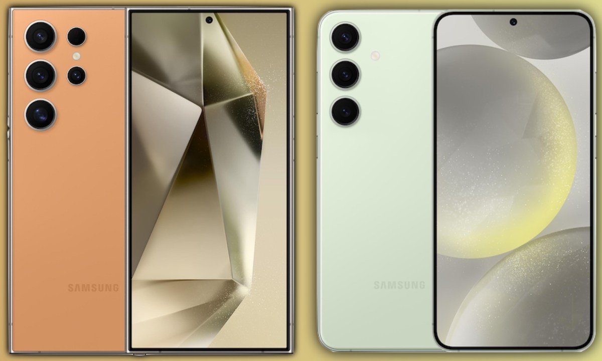 Renders of the Samsung Galaxy S24 Ultra and Galaxy S24 Plus next to each other.