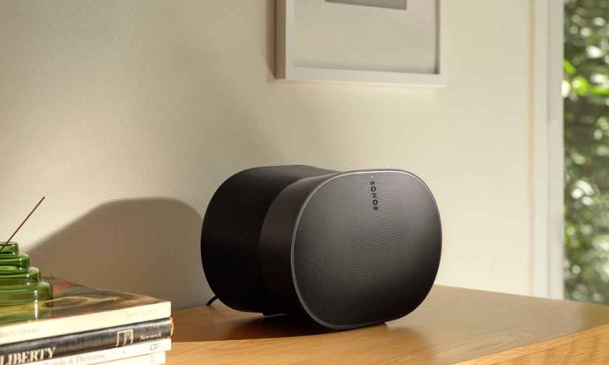 A Sonos Era 300 on a counter.