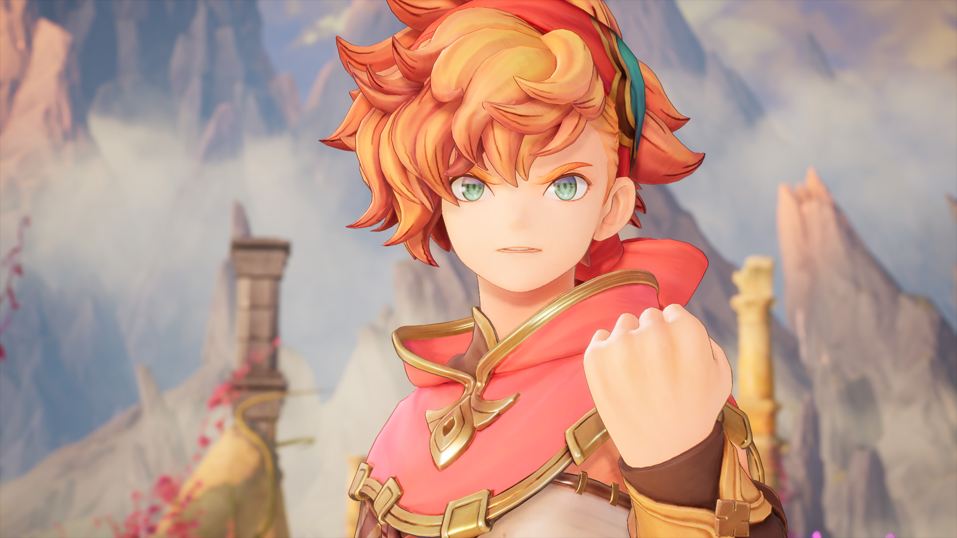 A red haired figure stands with his clenched fist raised in Visions of Mana