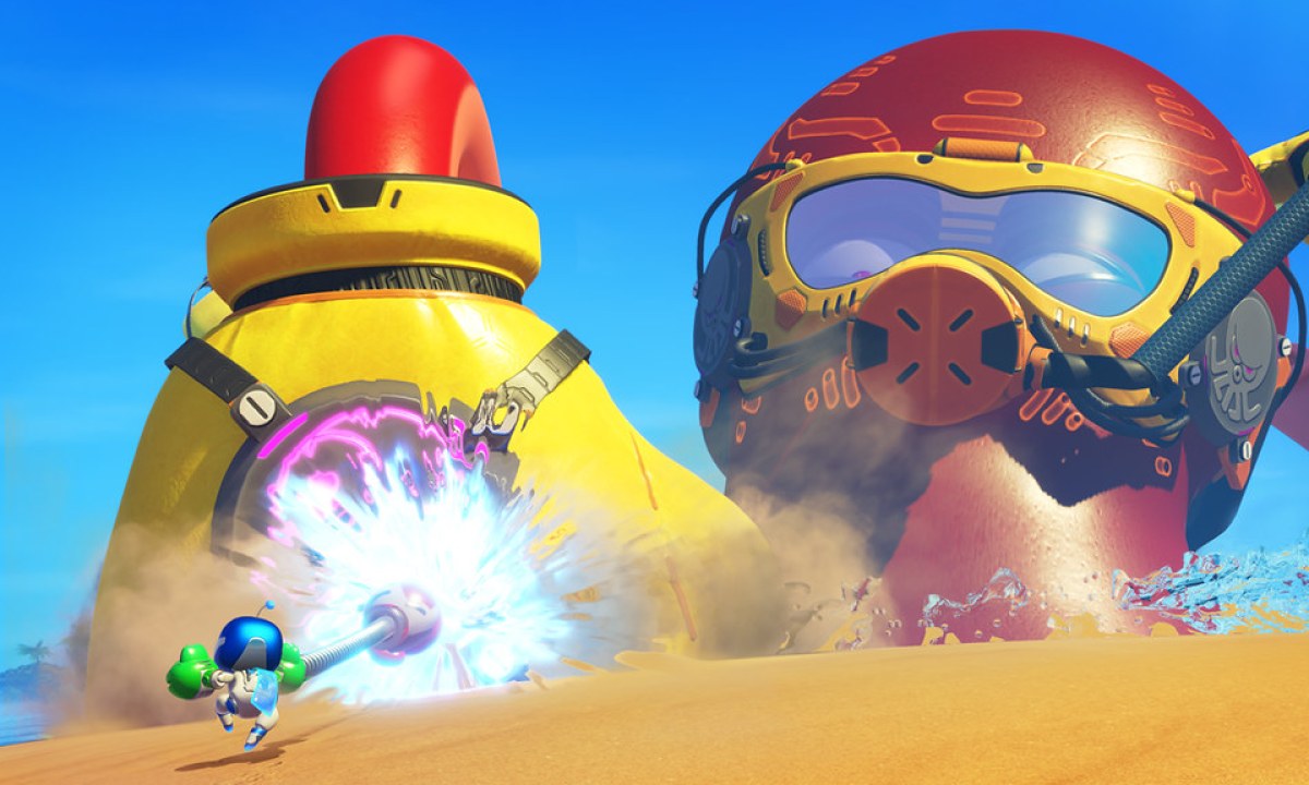 A robot punches a boss in Astro Bot.