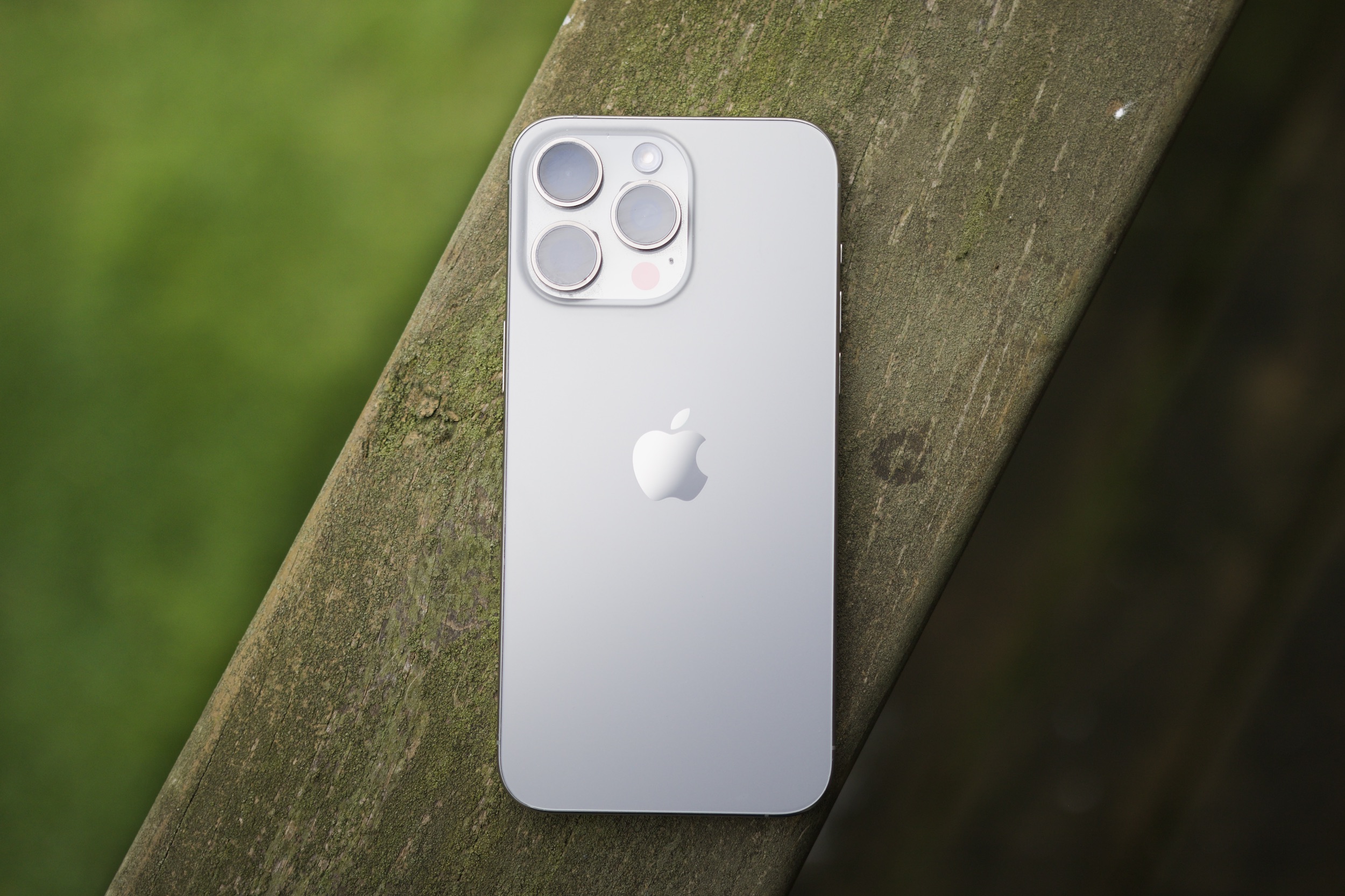The back of a Natural Titanium iPhone 15 Pro Max.