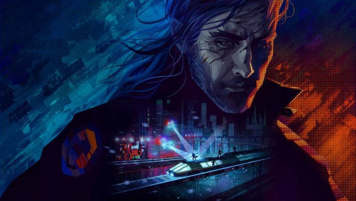 Key art for Replaced. It's a closeup of a map with a cyberpunk-looking train laid out under him.