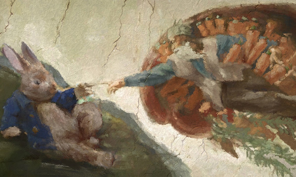 A rabbit and a man recreate the Creation of Man in Rusty Rabbit.