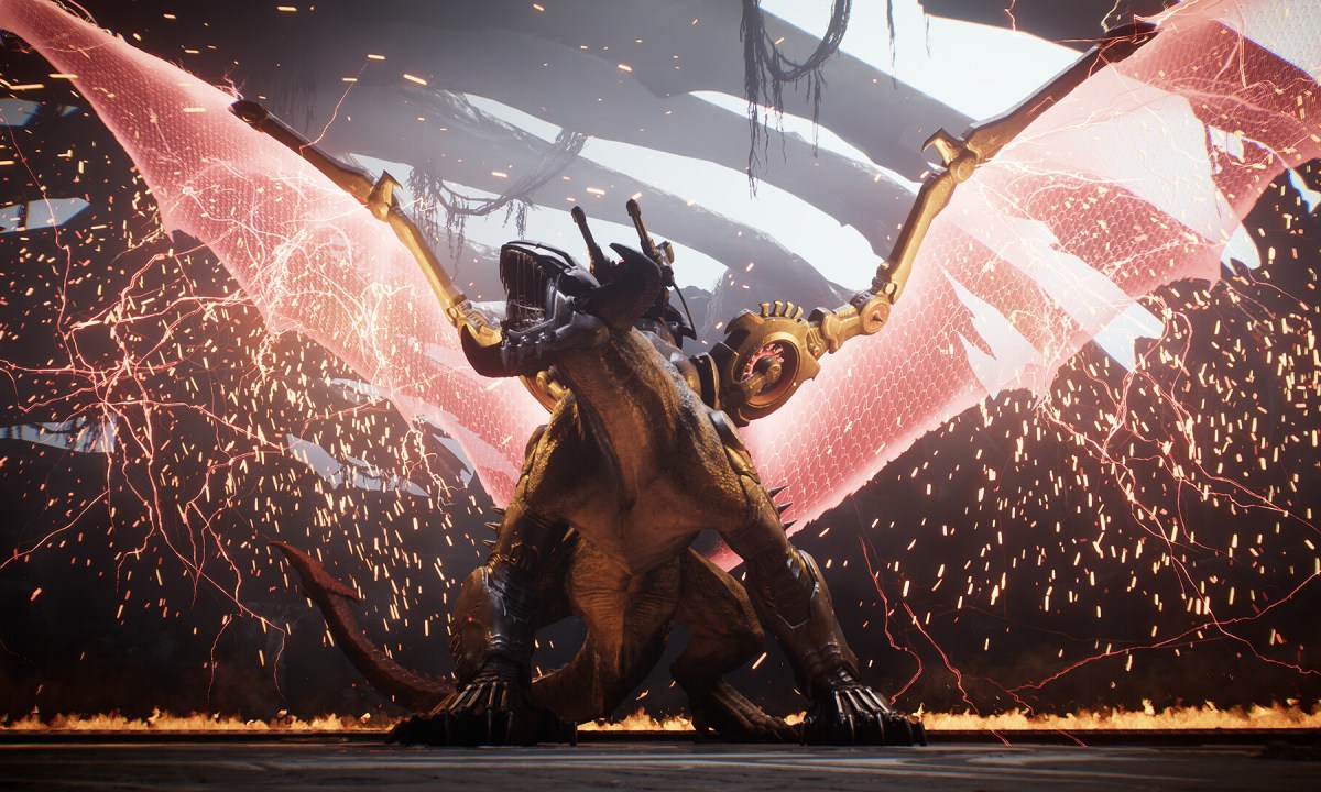 Doomslayer on a dragon with red wings.