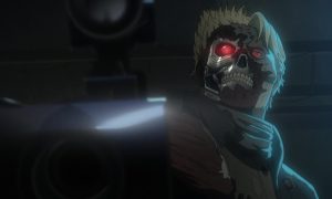 A Terminator points a gun and smirks.