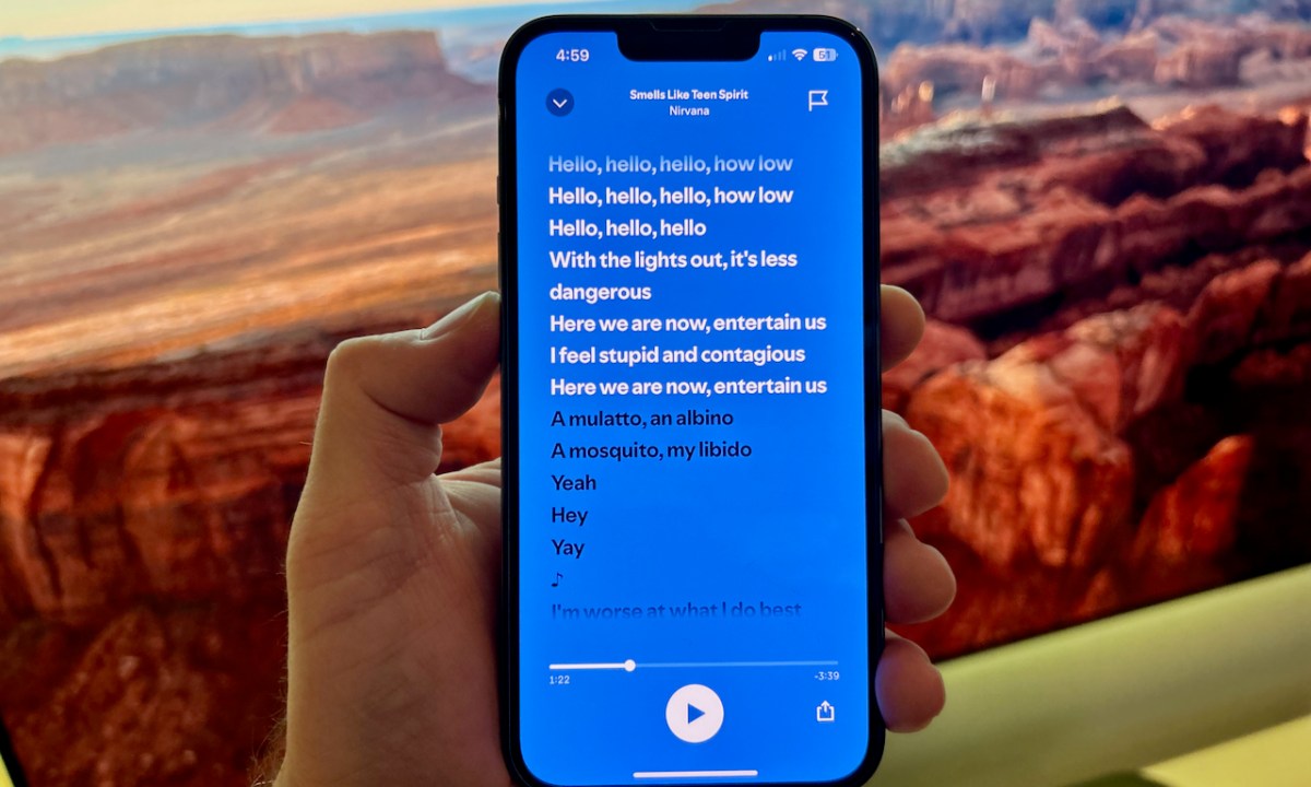 The lyrics to Smells Like Teen Spirit on the Spotify app on an iPhone.