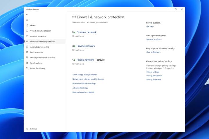 The Firewall and network protection screen in the Windows Security app in Windows 11.