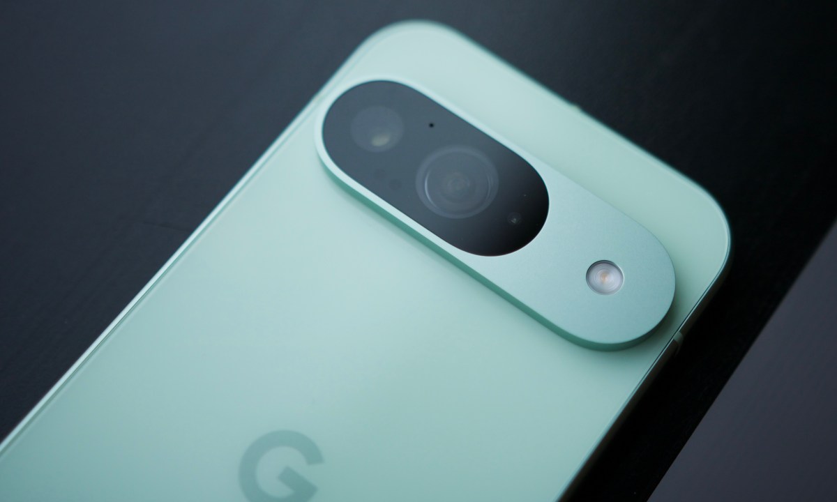 A close-up photo of the camera on the Google Pixel 9.