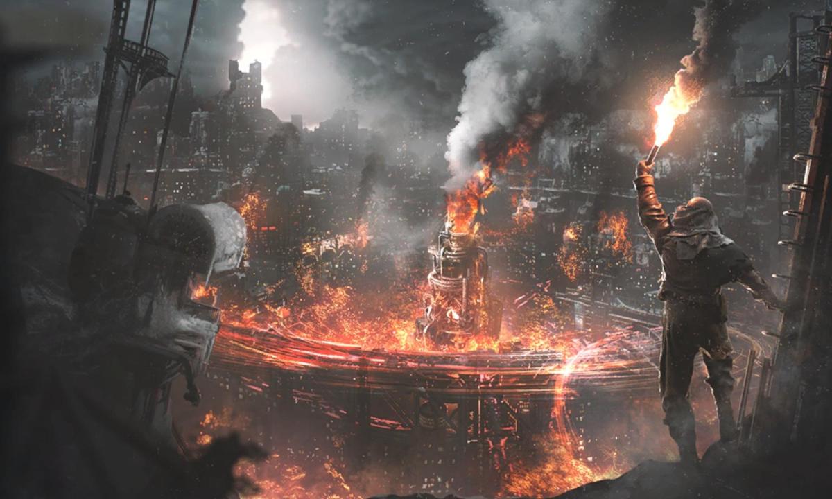 A man holds a fiery stick in Frostpunk 2.