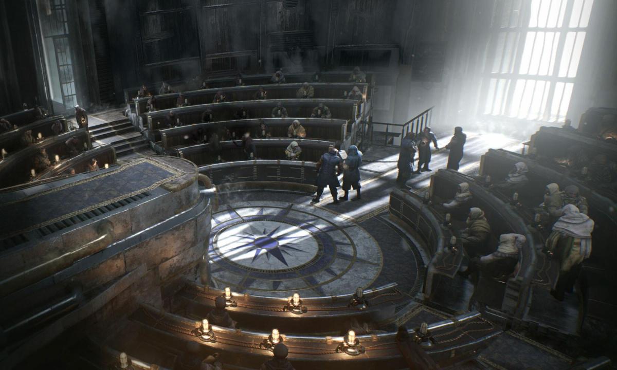 A council sits in a hall in Frostpunk 2.