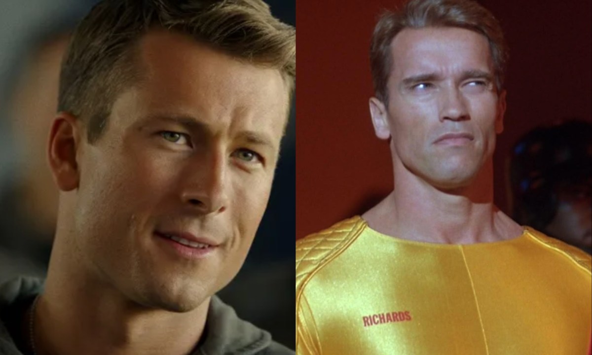 Glen Powell smirks on the left while Arnold Schwarzenegger poses on the right.