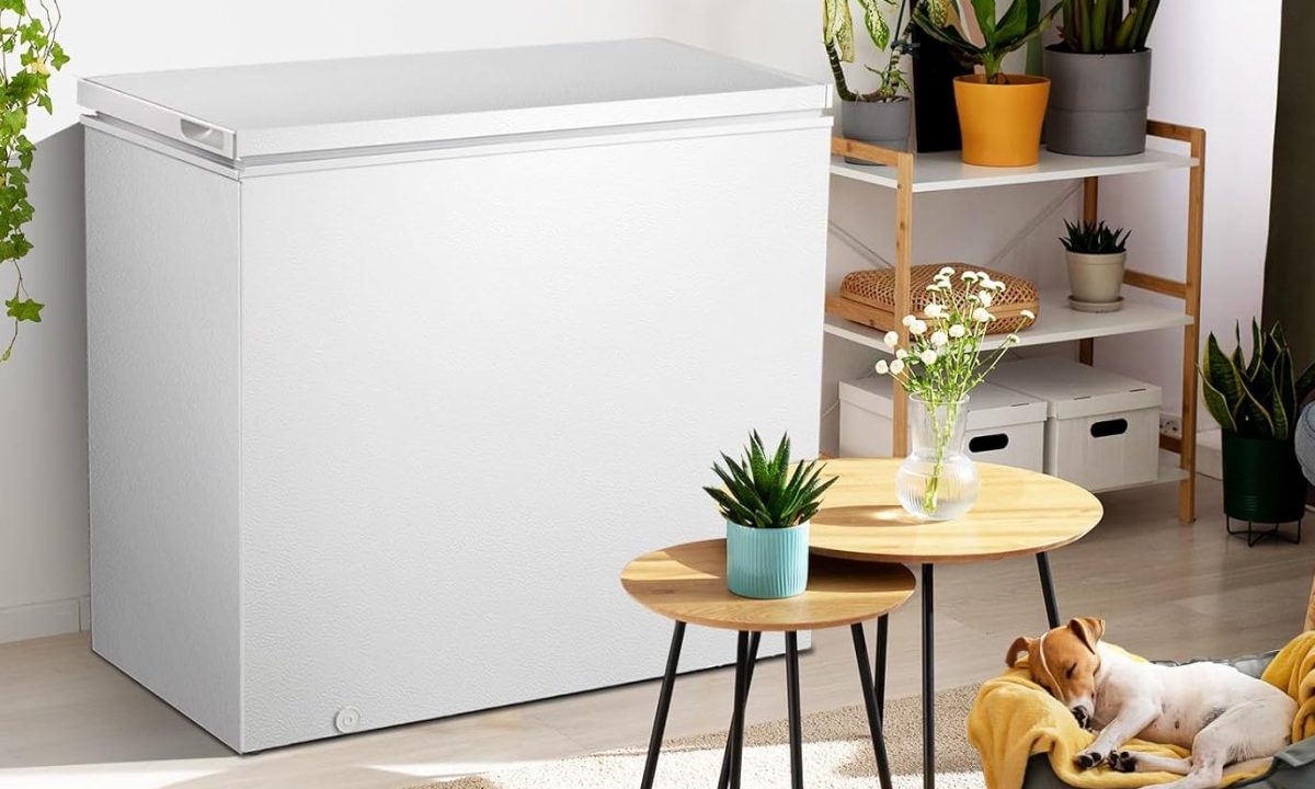 The Kismile 7 cu. ft. Chest Freezer next to a sleeping dog, demonstrating how quiet it is.