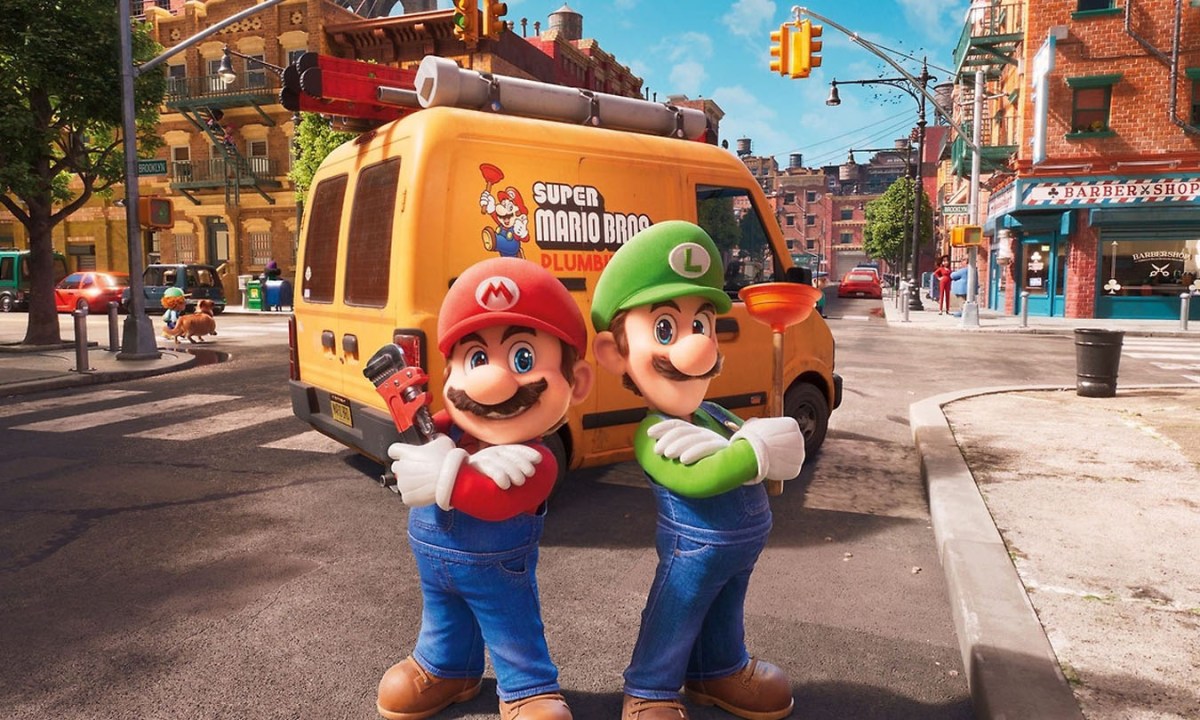 The Mario Bros pose in a pic from The Super Mario Bros. Movie.