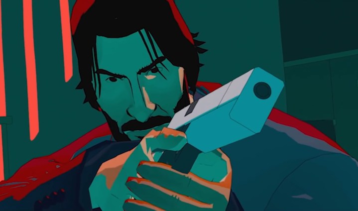 John Wick pointing a blocky looking gun at the screen. He's bathed in green.