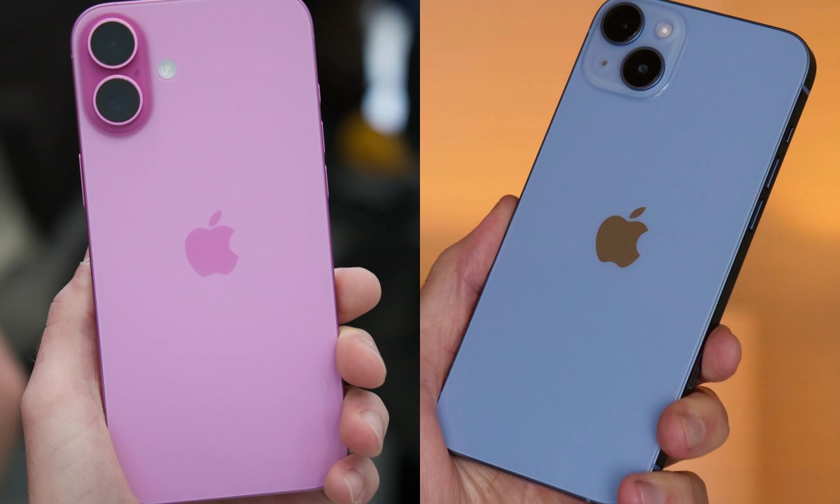 Composite shot of iPhone 16 Plus and iPhone 14 Plus.