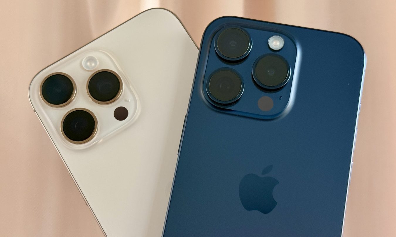 Natural Titanium iPhone 16 Pro Max (left) and a Blue Titanium iPhone 15 Pro.