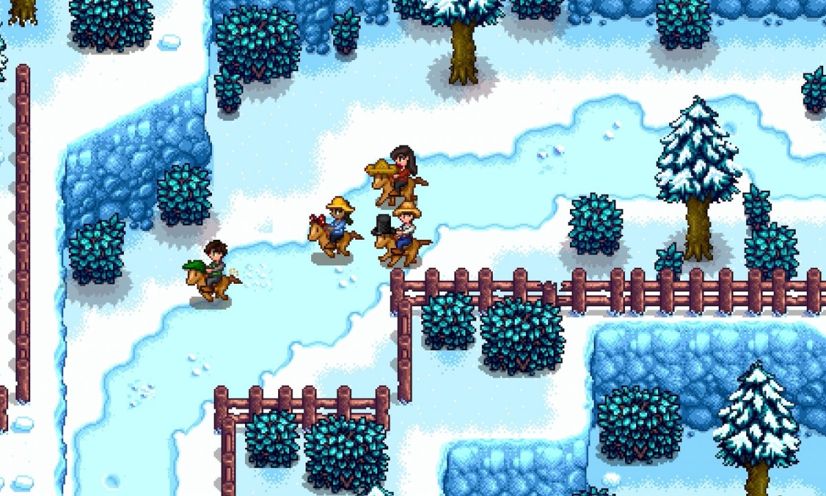 Four Stardew Valley players riding horses in Winter.