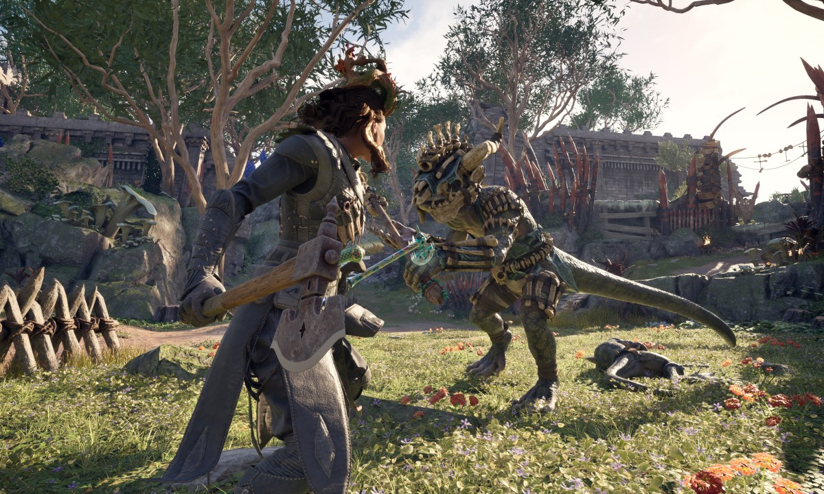 A character in avowed stands off with an enemy.