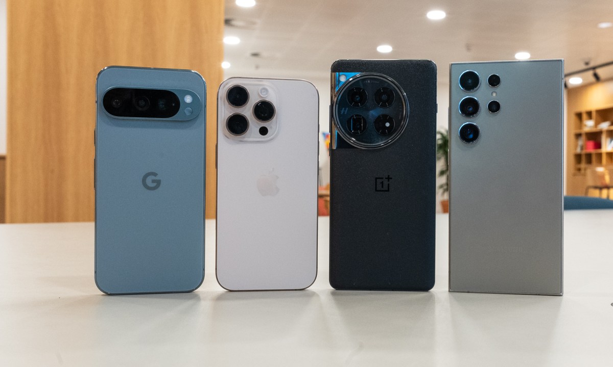 Photo of the rear of the iPhone 16 Pro, Galaxy S24 Ultra, OnePlus 12 and Pixel 9 Pro
