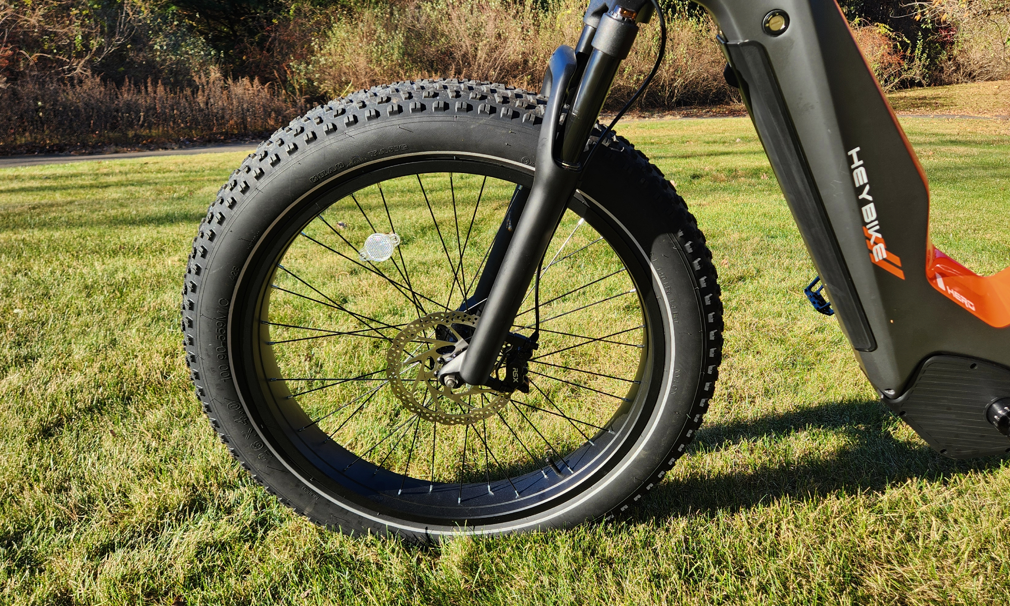 HeyBike Hero e-bike 26 x 4 front tire and RSX hydraulic disc brake with 180mm disc rotor.