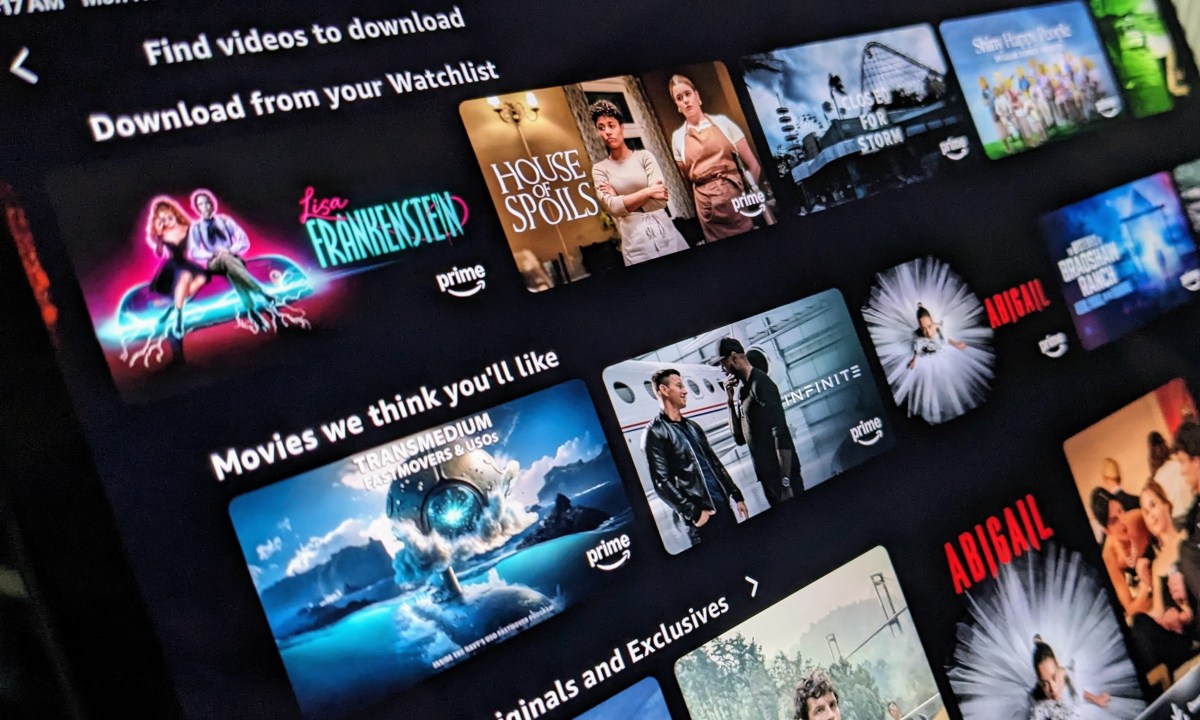 The Amazon Prime Video download page is displayed. It has tiles for a variety of movies and shows that are available for download within the app.
