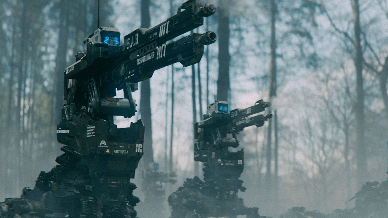 Two AI robots shooting in the woods in the movie Kill Command.