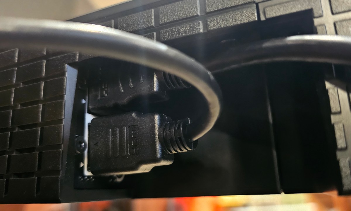 Sony Bravia Theater Bar 8, HDMI ports with cables inserted.