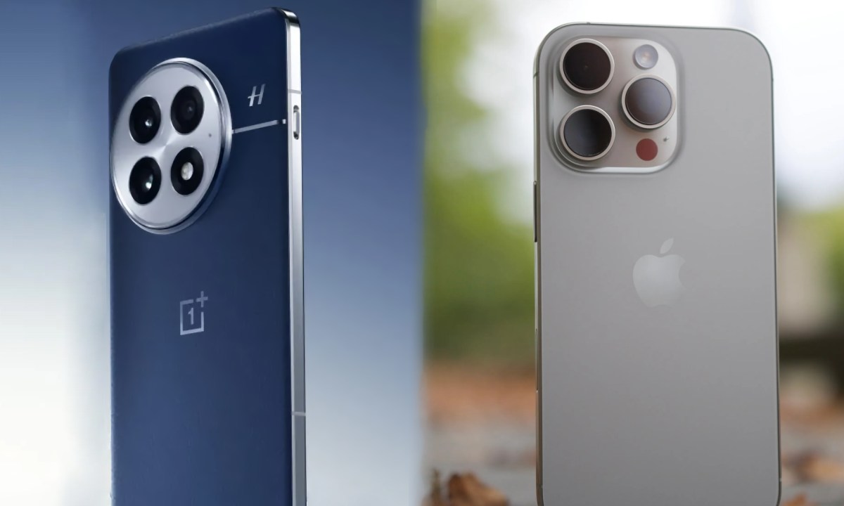 OnePlus 13 in Midnight Ocean beside iPhone 16 Pro in Natural Titanium.