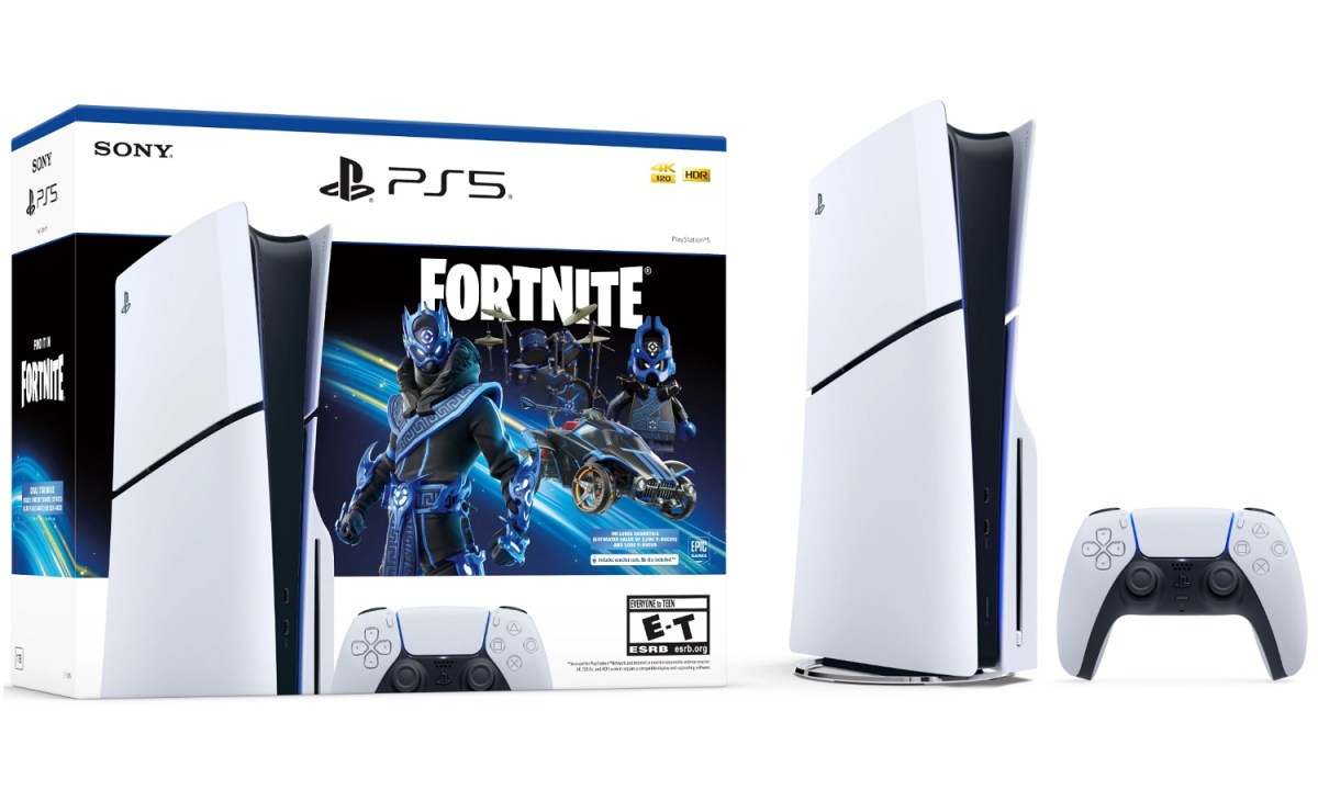 The Sony PlayStation 5 Slim Disc Edition Fortnite Cobalt Star Bundle and its box.