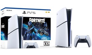 The Sony PlayStation 5 Slim Disc Edition Fortnite Cobalt Star Bundle and its box.