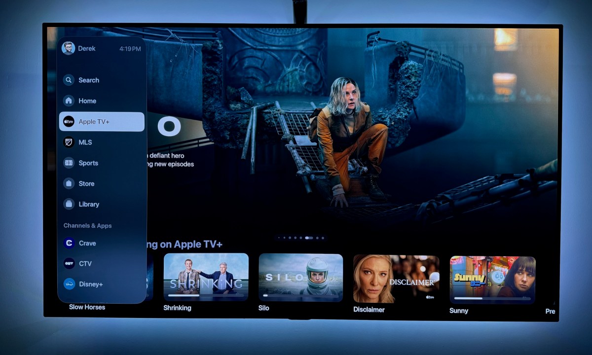 The Apple TV main screen with its menu display in the left.