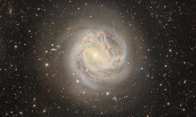 Twelve million light-years away lies the galactic masterpiece Messier 83, also known as the Southern Pinwheel Galaxy. Its swirling spiral arms display a high rate of star formation and host six detected supernovae. This image was captured with the Department of Energy-fabricated Dark Energy Camera, mounted on the U.S. National Science Foundation Víctor M. Blanco 4-meter Telescope at Cerro Tololo Inter-American Observatory in Chile, a Program of NSF NOIRLab.