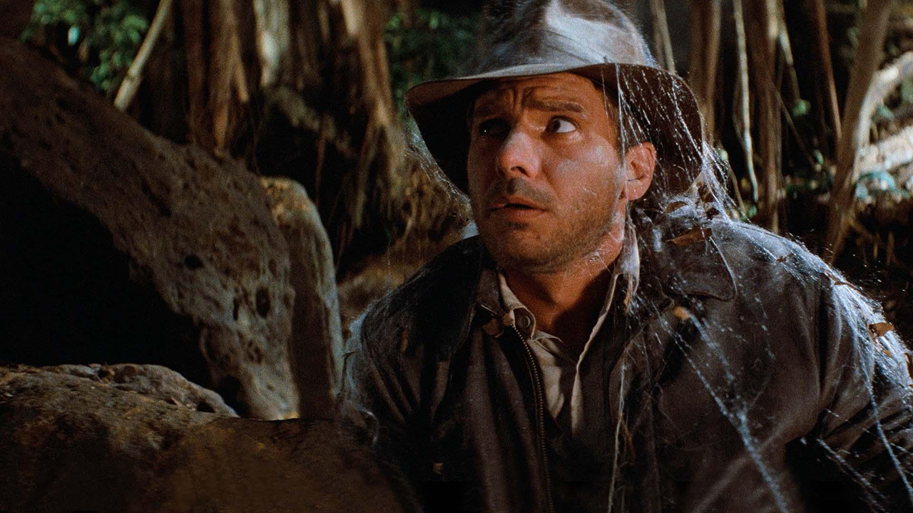 Indiana Jones in a cave looking up in Raiders of the Lost Ark.