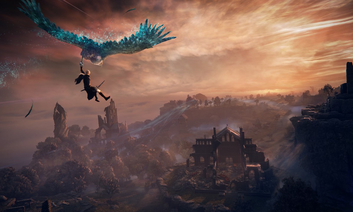 A knight hanging from a big glowing eagle in Elden Ring Nightreign.