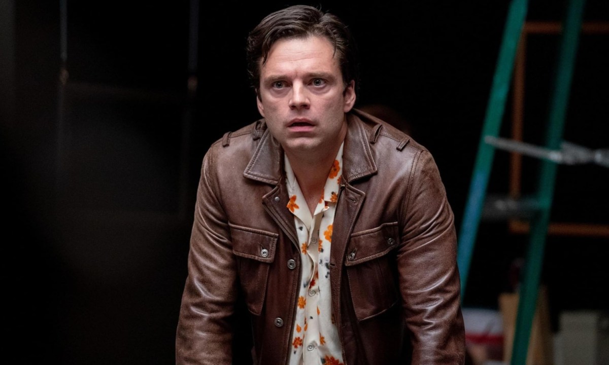 Sebastian Stan puts his arms down and stands over.