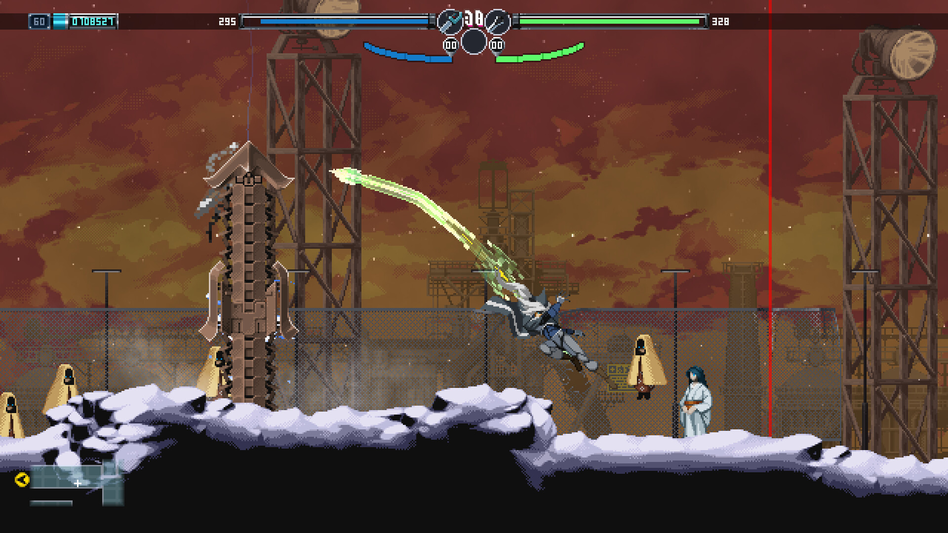 Shin divekicks an enemy in Blade Chimera.