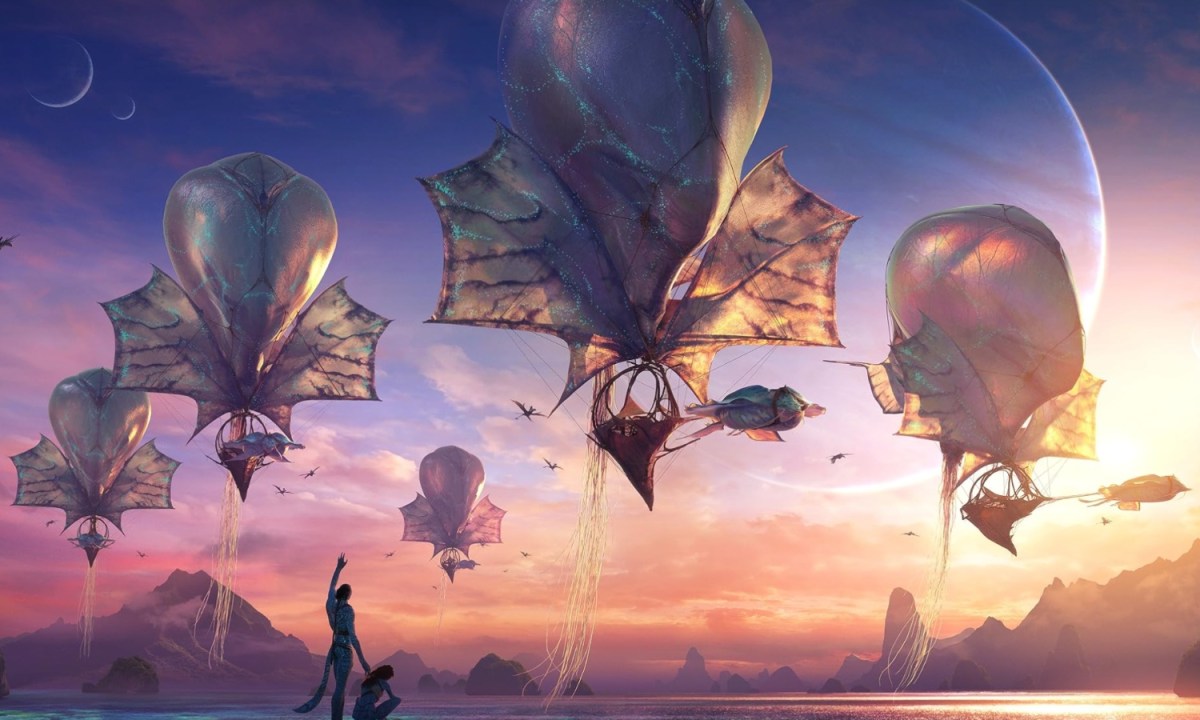 A Na'vi look up at floating ships in Avatar.