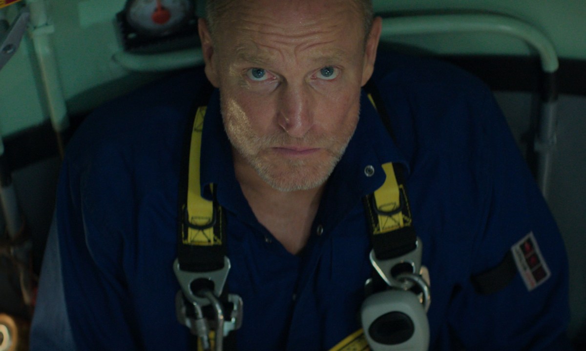 Woody Harrelson wears diving gear and looks up into the camera grimly in a shot from the movie Last Breath.